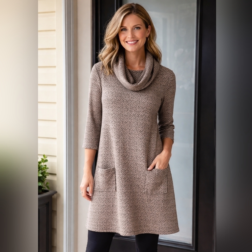 NorthStyle Cowl Neck Sweater Dress Size L  3/4 Sleeves Patch Pockets Light Brown
